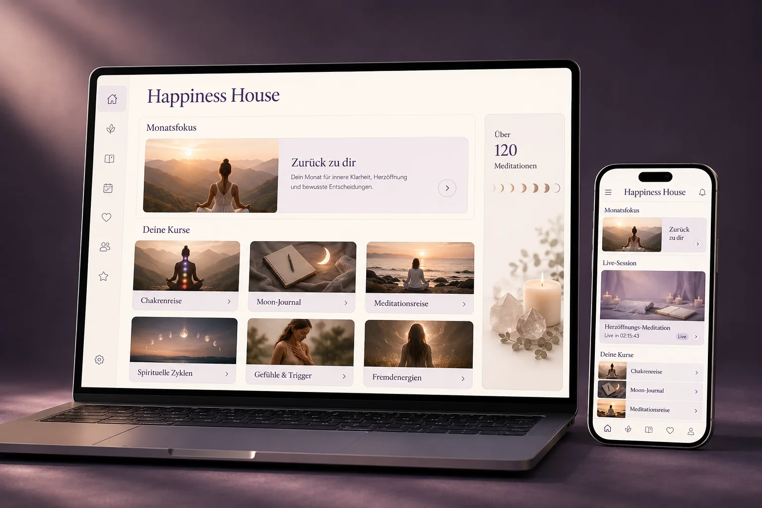 Der Happiness House Mitgliederbereich auf Laptop und Smartphone